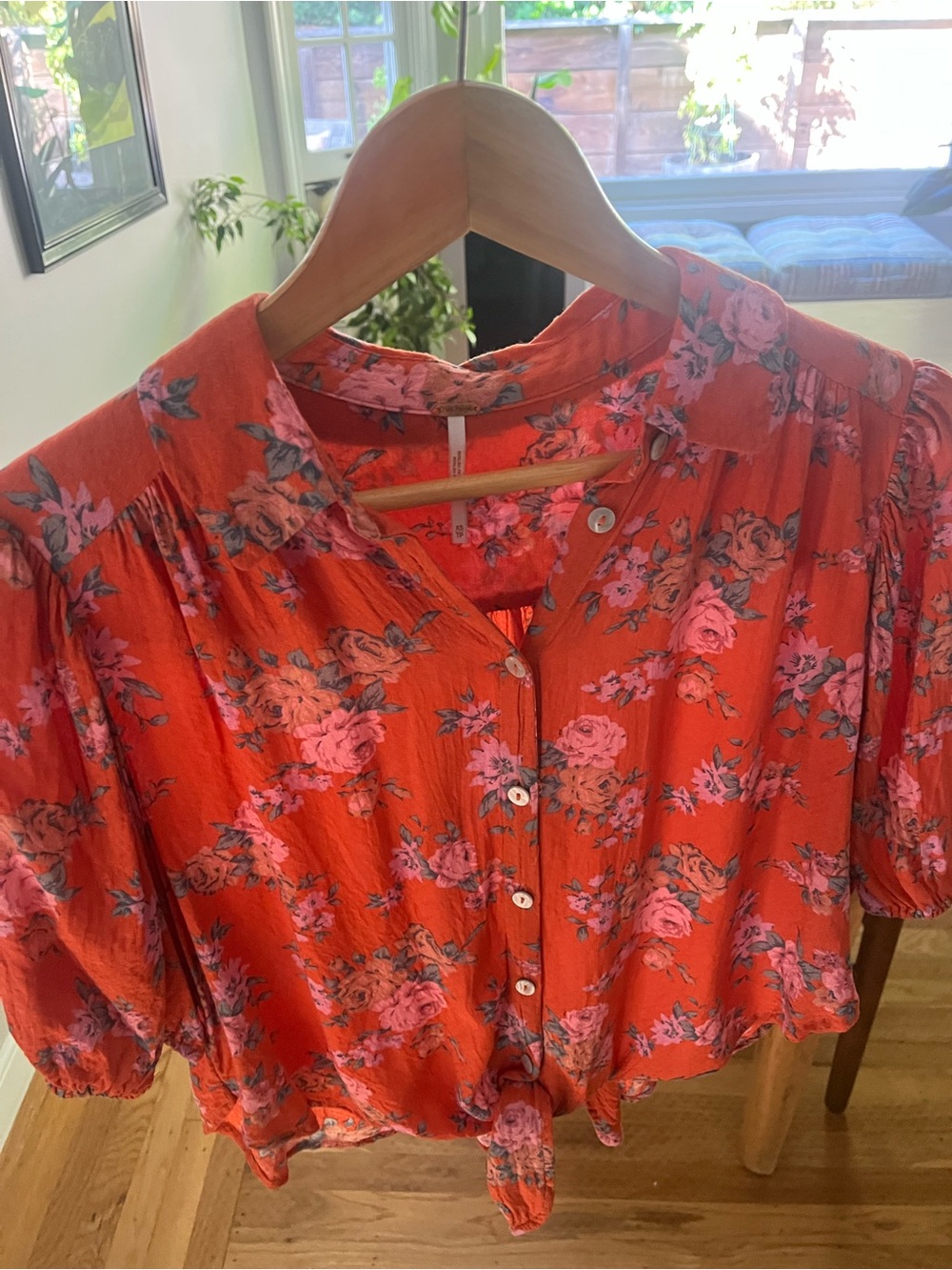 Free People Coral Floral Peasant Blouse